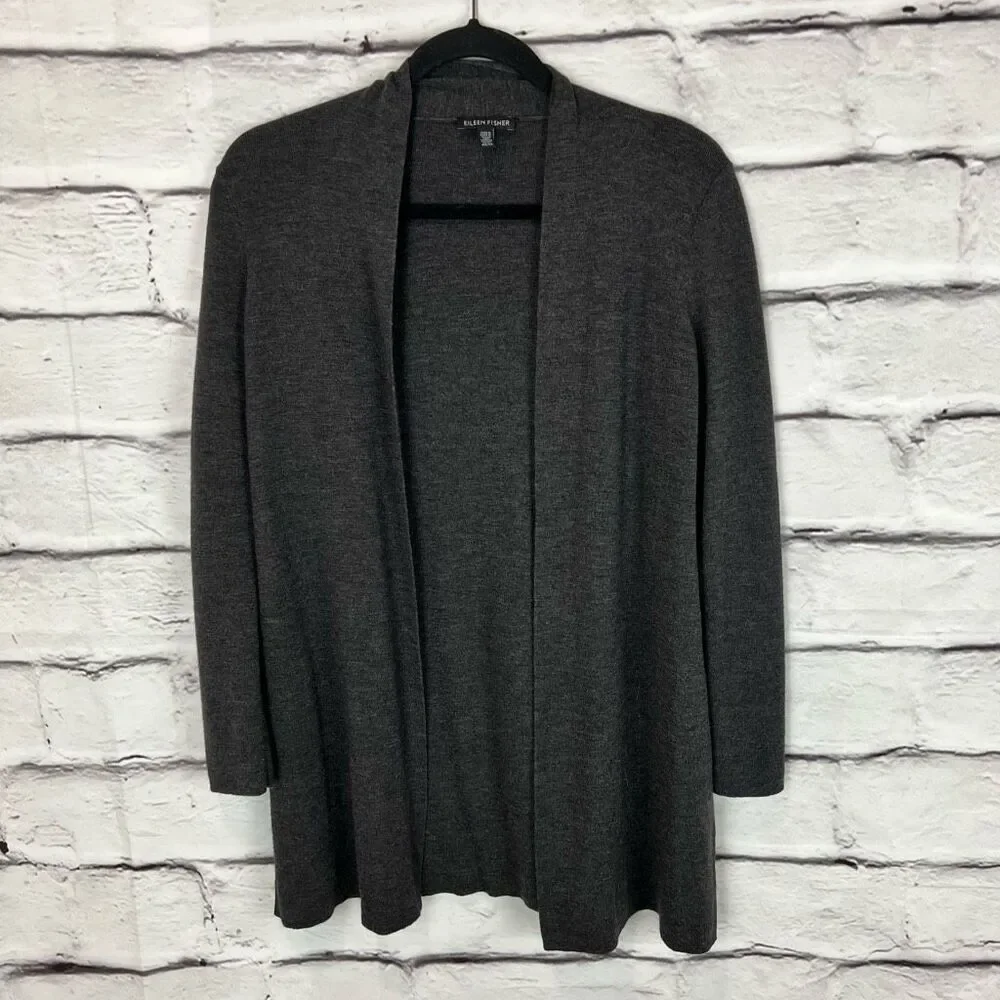 Eileen Fisher Women's XS‎ Gray Merino Wool Long Cardigan Sweater